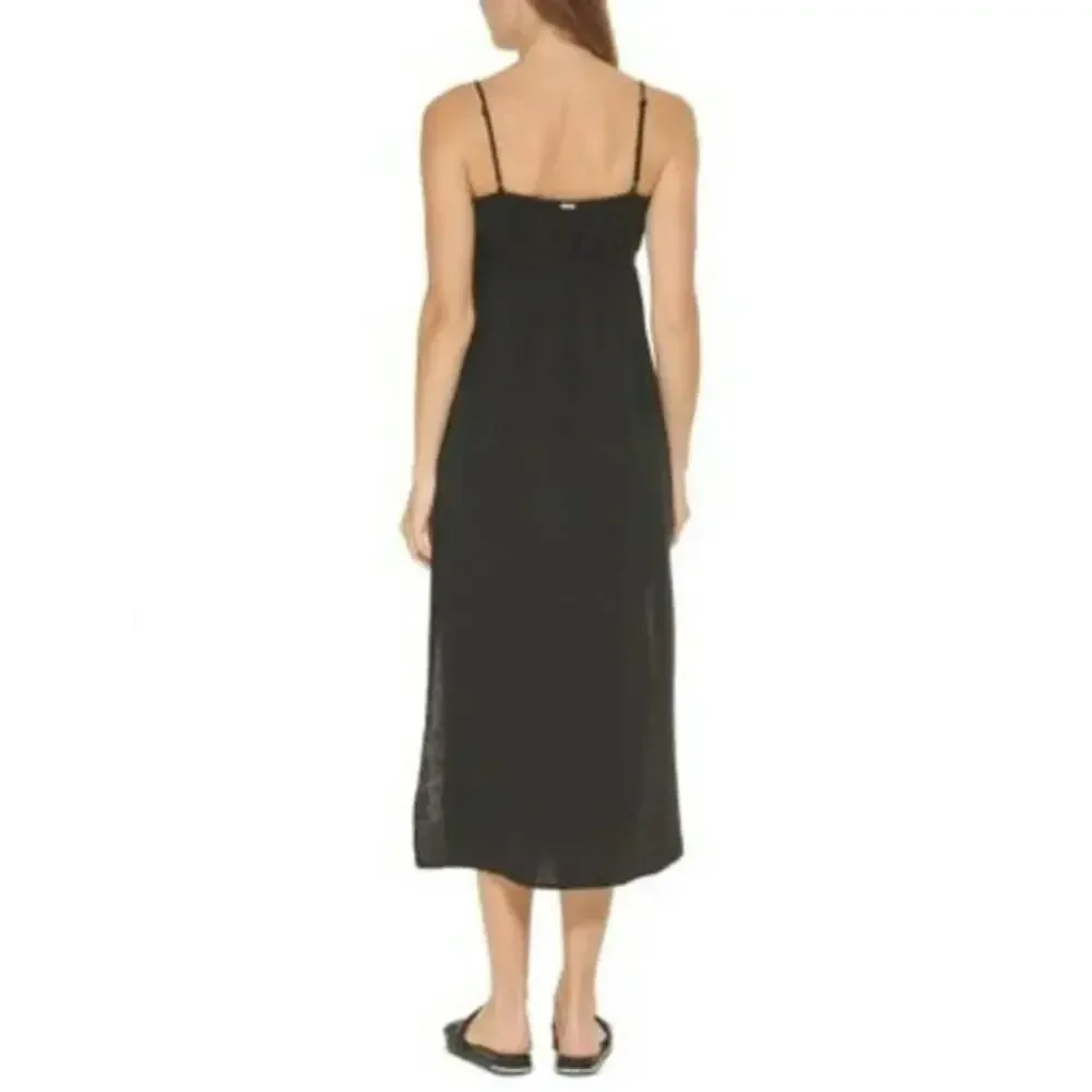 NWT DKNY V-Neck Front Tie Maxi Dress Cover Up Black Beachwear Side Slit Size M